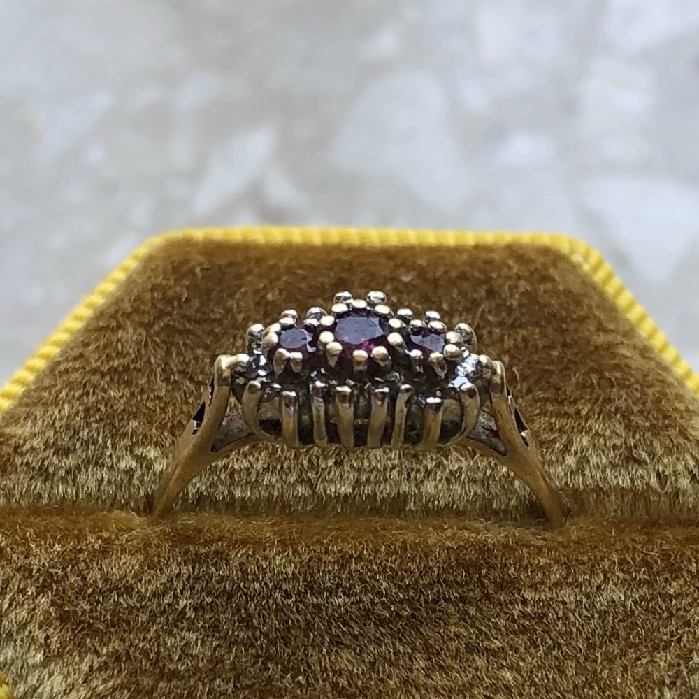 Vintage Ruby Diamond Halo Three Gem Yellow Gold Ring - Picture 10 of 11